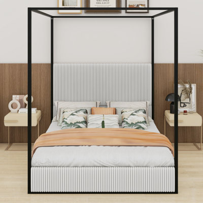 Modern Metal Canopy Bed With Upholstered Headboard