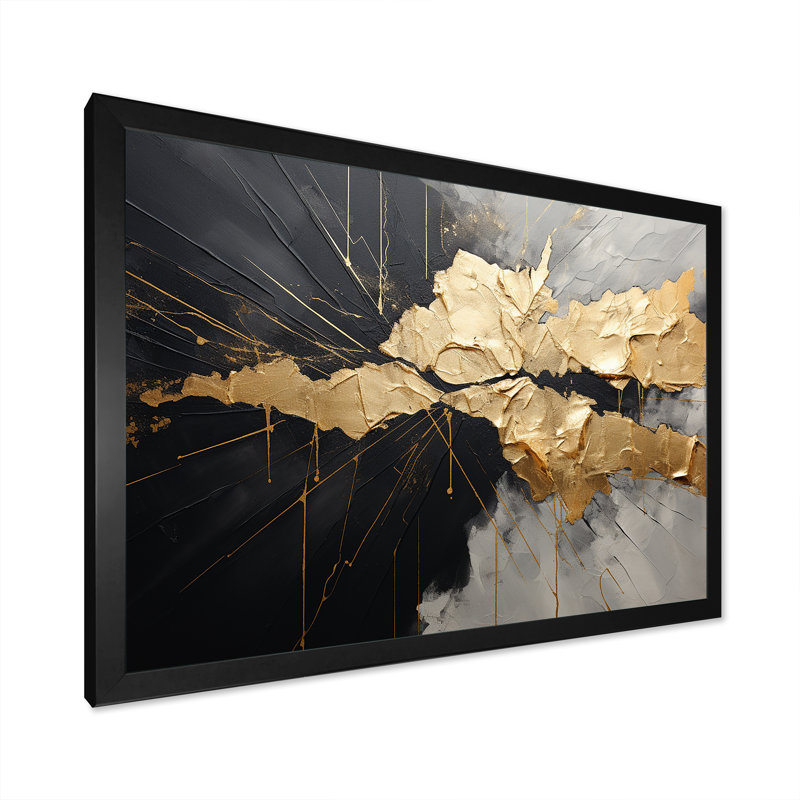 «Black and Gold Abstract Meditation I», art mural abstrait, H 12 po x l 20 po x P 1 po, Cadre simple noir