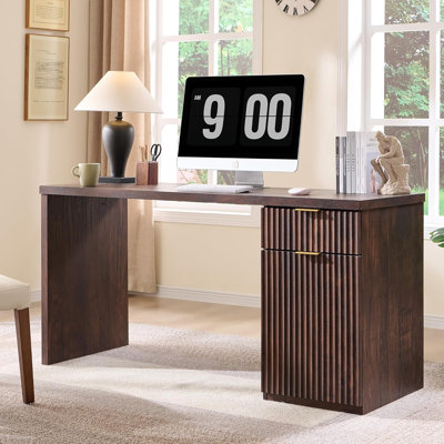 Modern Executive Desk With Power Outlet, Wood Home Office Desk With Drawer & Storage Cabinet