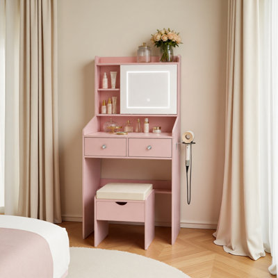 Petit bureau de maquillage avec miroir coulissant et lumières à DEL à intensité variable, coiffeuse avec 2 tiroirs, rangement dissimulé, prises de courant, ports USB et support pour sèche-cheveux pour la chambre à coucher