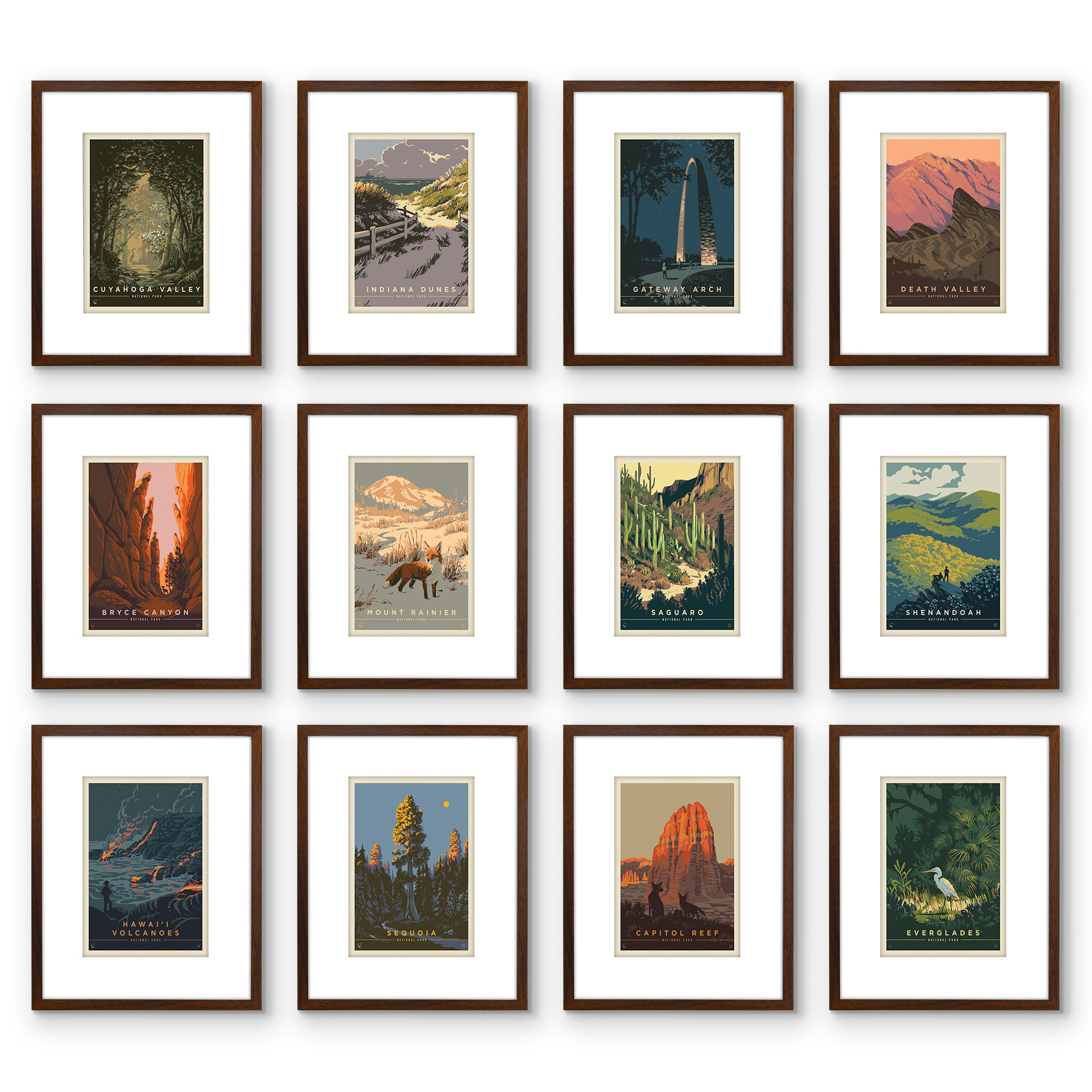 https://assets.wfcdn.com/im/66260577/compr-r85/2384/238495228/americanflat-set-of-12-national-park-5x7-prints-with-mat-in-8x10-mahogany-frames-by-anderson-design.jpg