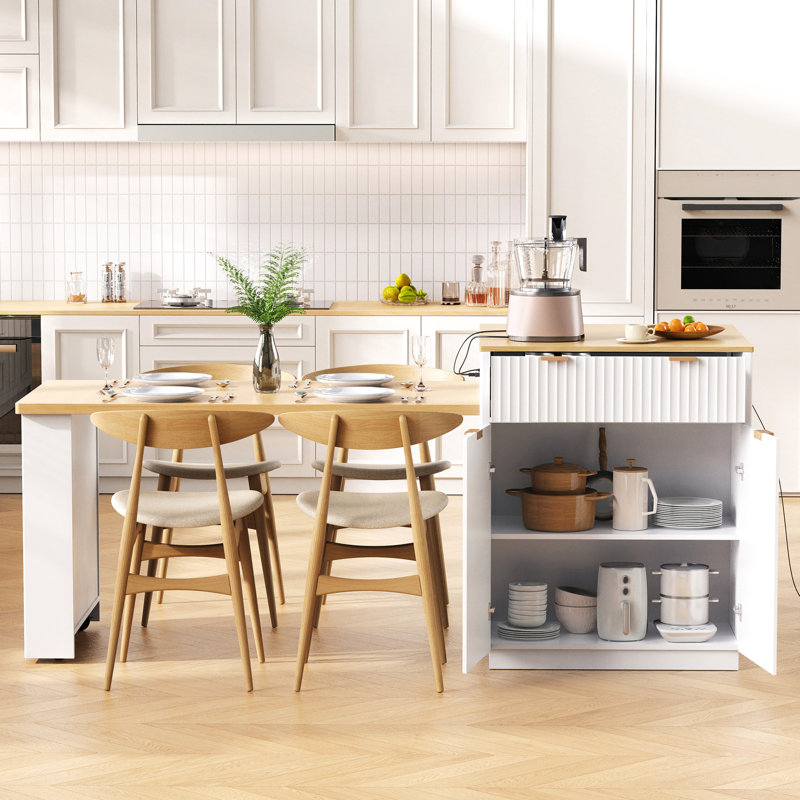 Îlot de cuisine extensible pour 2 à 6 personnes, table coulissante de 130 cm, armoire de 80 x 70 cm, double espace de rangement, station de recharge intégrée, finition blanche, grain de bois naturel avec table 4/6, tiroirs latéraux.