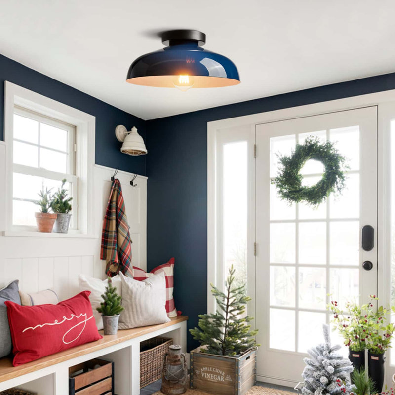 Industrial Ceiling Light with 12-Inch Metal Shade, Blue