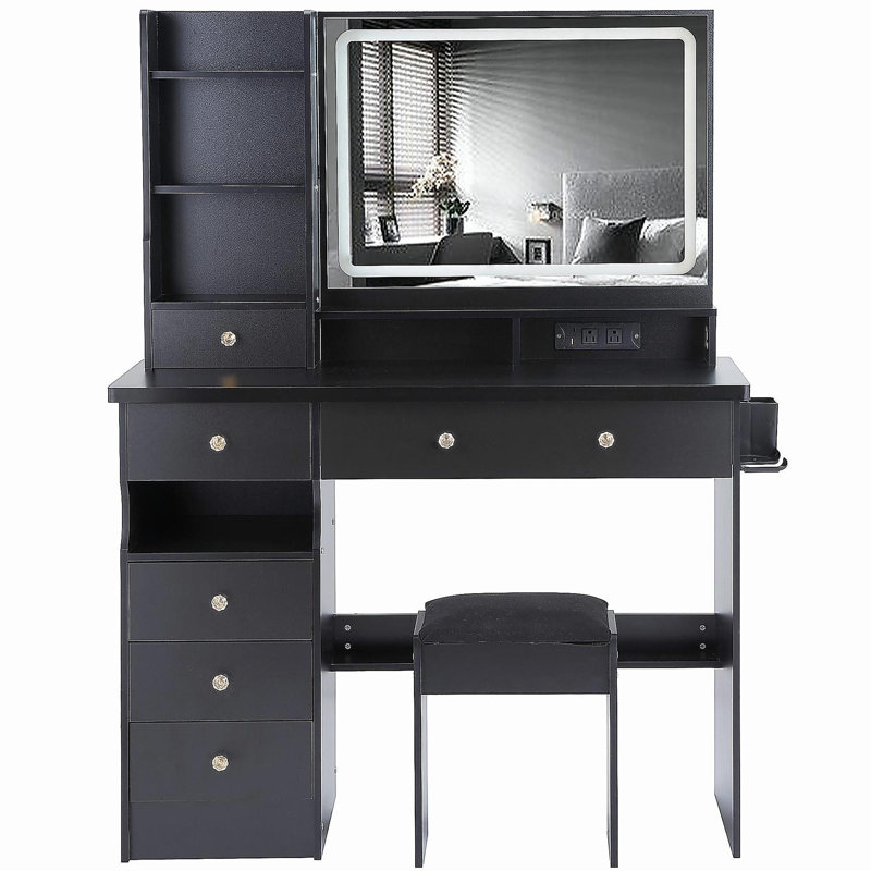 41" Large Size Left Drawer Desktop Vanity Table+Cushioned Stool Dresser Set, 2 AC+2 USB Power Station, Hair Dryer Stand, Extra Large Touch Control LED Mirror, 3-color Switch, EPA, GCC, UL Certificate