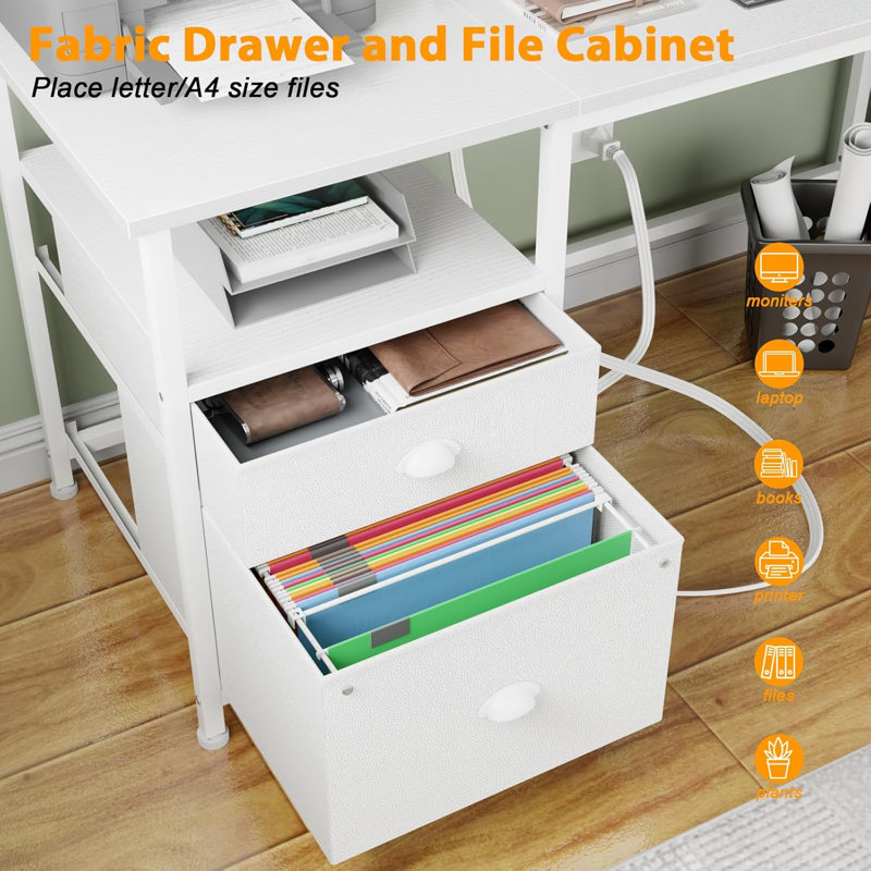 61" Desk With LED Light & Power Outlets, Reversible Computer Table With File Cabinet & Drawer, White Gaming Desk Writing Table With Dual Monitor Stand, For Home/Office