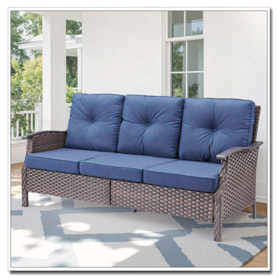 73.4" Wide Outdoor Wicker Sofa with Blue Cushions