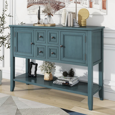 Grande console de rangement rétro Cambridge Series avec quatre petits tiroirs et une tablette inférieure pour les salons, les entrées et les cuisines (bleu foncé, ancien SKU: WF314995AAM)