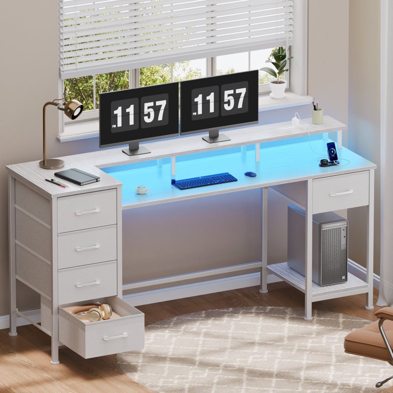 Computer Desk with Monitor Stand & Charging Station, Gaming Desk with LED Lights & Drawers, 29.8" H x 55.1" W x 18.8" D
