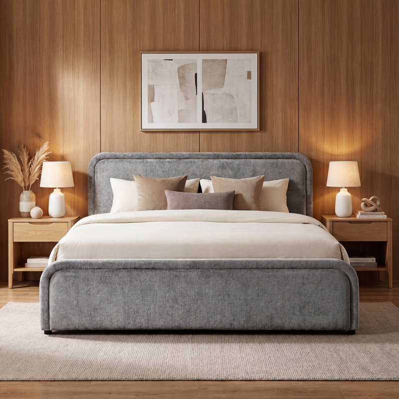 Lit plateforme tapissier Luma - Gris - Grand, Grand lit, Gris