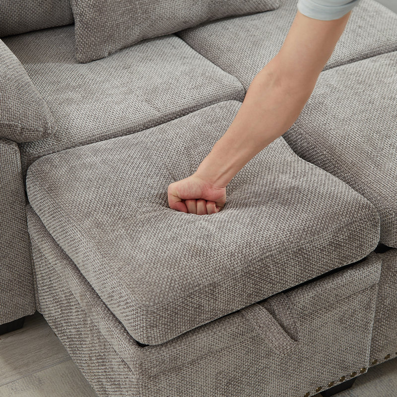 97 Inch L-Shaped Corner Sectional Sofa Couch With Seat And Storage Ottoman,Chenille Fabric Corner Couch With 7 Seats & 2 Pillows For Living Room, Grey
