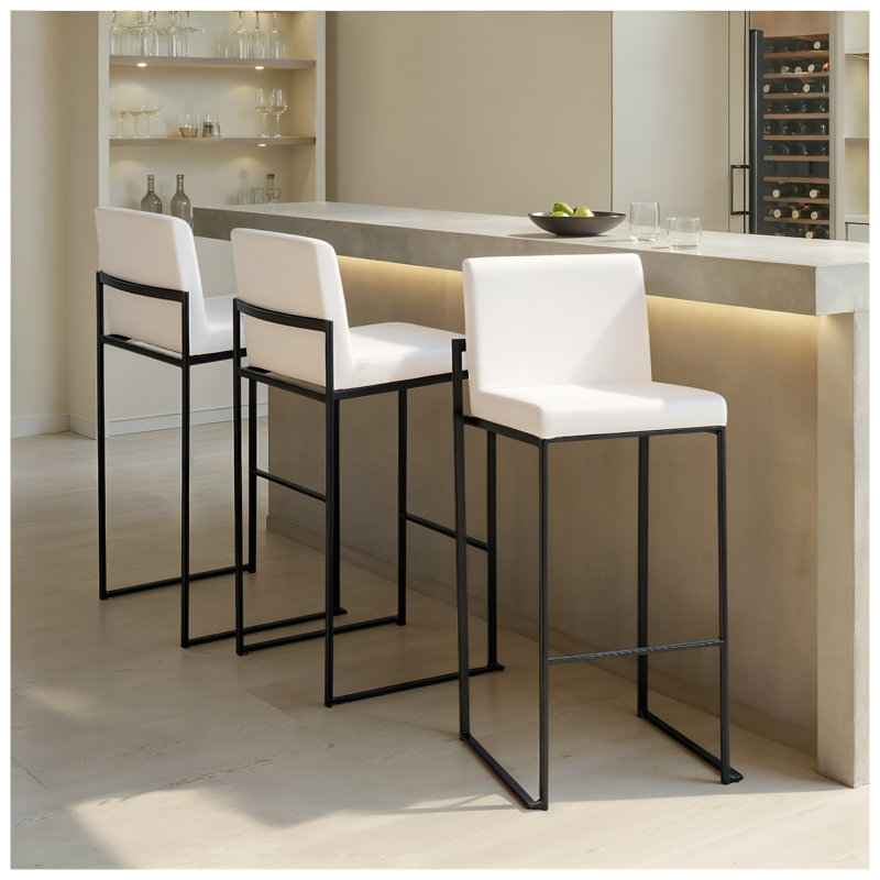 Ensemble de 2 tabourets de bar contemporains en velours à haut dossier avec structure en acier noir, chaises de comptoir à hauteur fixe pour îlot de cuisine