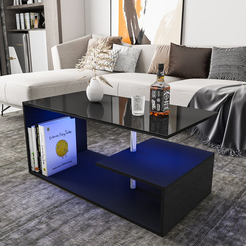 Hicklin Floor Shelf Coffee Table with Storage, Black