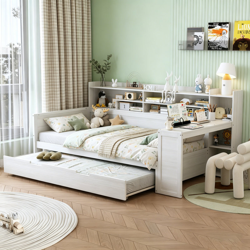 Lit de jour simple en bois avec tablettes de rangement, lit multifonctionnel avec lit gigogne et bureau, blanc antique