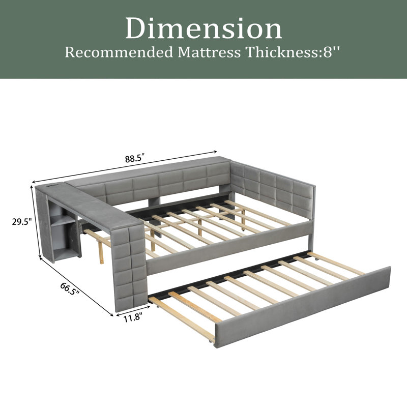 Lit plateforme double tapissier pleine grandeur avec tablettes de rangement, bureau, station de charge et lit gigogne, Gris