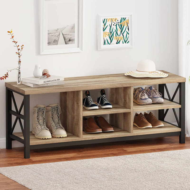 47.24" Industrial Rustic Entryway Shoe Bench with Storage, Wood & Metal Hallway Bench with Adjustable Shelves for Living Room & Entryway