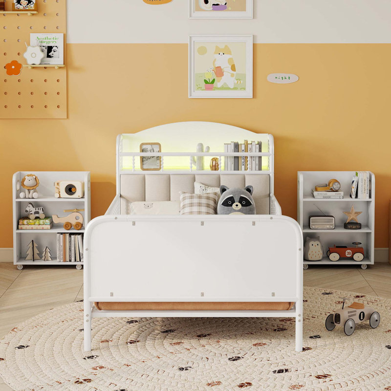 Structure de lit plateforme simple en métal avec tablettes de rangement coulissantes, Blanc