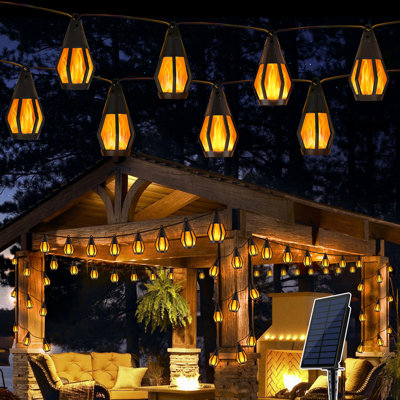 Solar String Lights For Outside, 33Ft Solar Patio Light With 15 Flickering Flame Light Bulbs, Waterproof Warm White Solar Powered Outdoor Lights For Garden Yard Patio Gazebo Bistro Cafe Party Decor