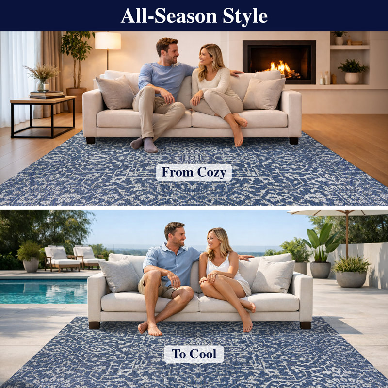 Kraatz Floral Navy Blue Ivory Indoor Outdoor Area Rug, Rectangle 7'6" x 10'9"