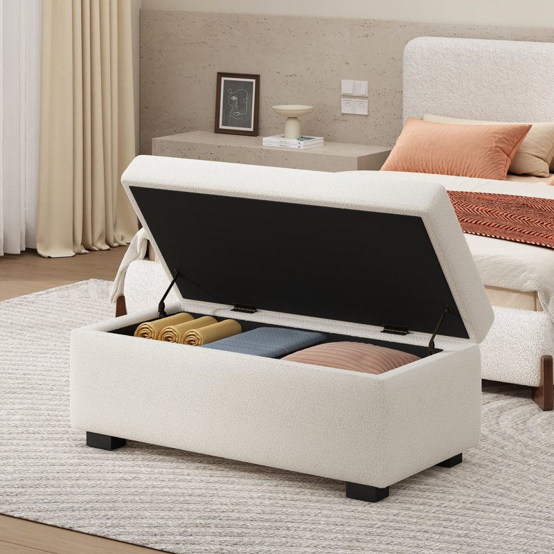 Kohen Rectangle Upholstered Storage Ottoman With Wooden Legs, Beige Chenille