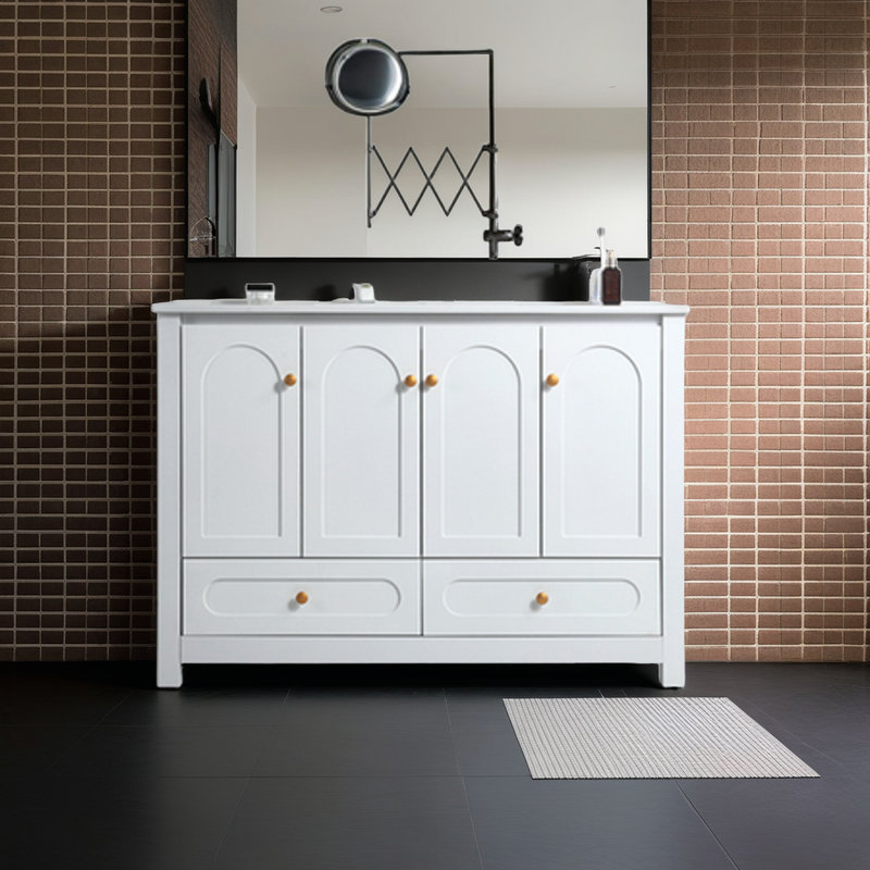 Meuble-lavabo de salle de bain avec lavabo en céramique, 4 portes et 2 tiroirs, Blanc