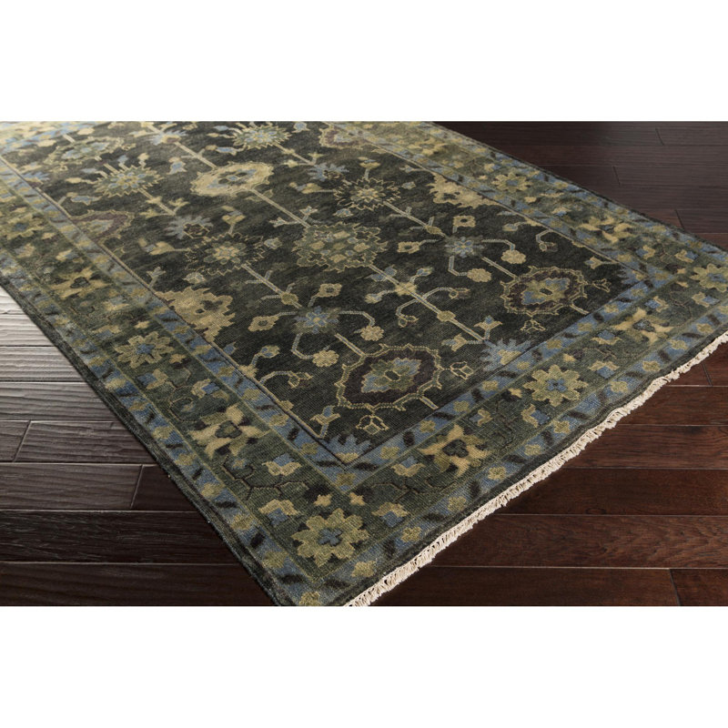 Antique Hand Knotted Wool Area Rug in Green, Rectangle 10' x 14'