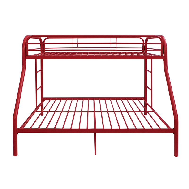 Lit superposé simple/double avec cadre en métal rouge, échelles latérales intégrées, sommier à lattes et capacité de charge de 300 kg. Cadre tubulaire de 5 cm pour le dessus.