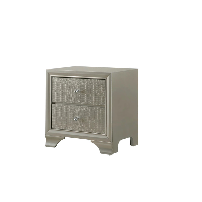 Table de chevet Modern Glam Champagne Finish Champagne avec deux tiroirs et motif crocodile en relief | Idée de cadeau