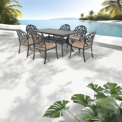 Elegant 7-piece Patio Dining Set, Cast Aluminum With Brown Cushions For Outdoor Relaxation