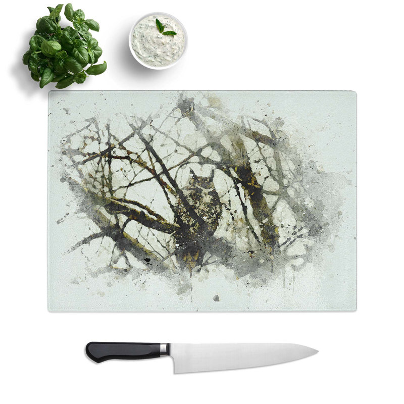 Glass Great Horned Owl Resting in Abstract Chopping Board, 28.5 cm W x 20 cm L