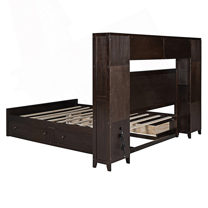 Arnitha 4 Drawers Storage Platform Bed with Bookcase Headboard, Espresso, Queen
