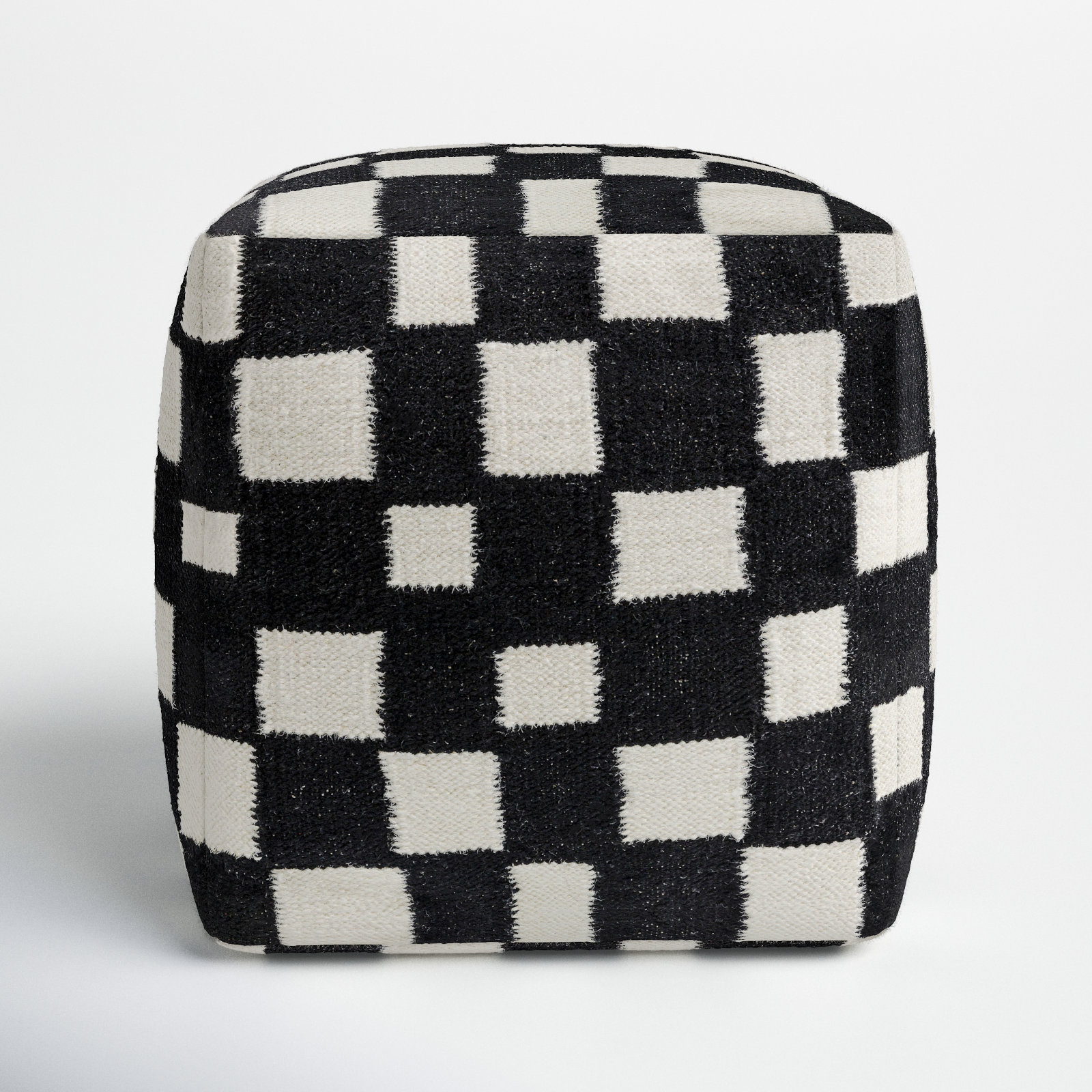 Gwennie Upholstered Pouf, Black/White Wool/Cotton Blend