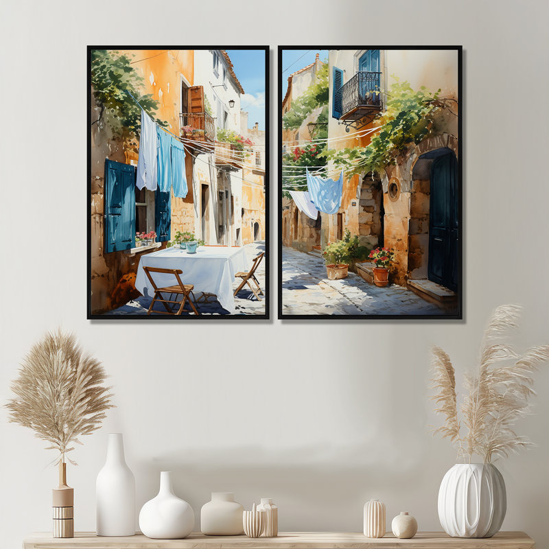 Laundry Day In Italy I - Impressions d'art moderne sur toile, Black, 36" H x 48" W, Impression encadrée flottante