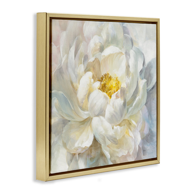 «Delicate Flower Petals», peinture sur toile flottante encadrée grise par Danhui Nai, Cadre flottant métallique doré