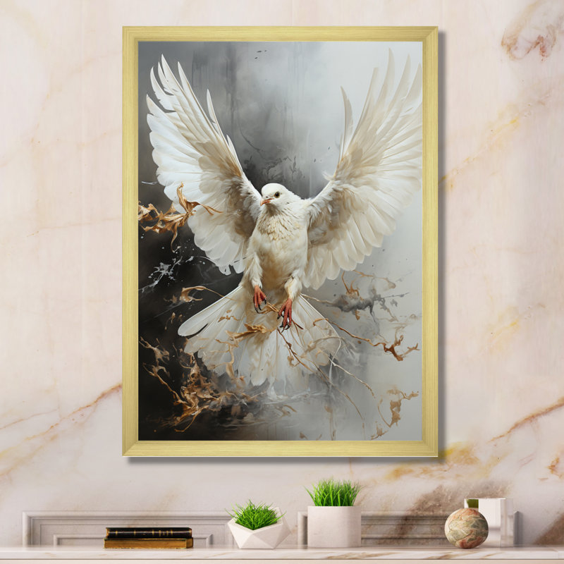 Art mural blanc avec ailes de colombe blanche, H 44 po x l 34 po x P 1,5 po, Encadrement doré