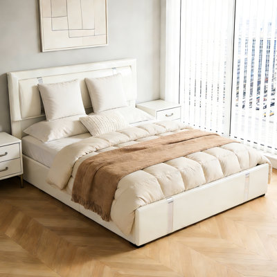 Full Size Bed Frame, White, Led Headboard, Charging Outlets, Faux Leather Upholstered Modern White Adjustable