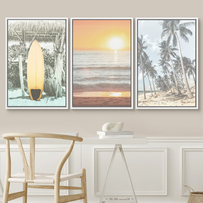 " Retro Sunset Hawaiian Surfboard Palm Trees Coastal Nautical Photography Modern Art Seascape Relax " 3 - Pieces, Blanc