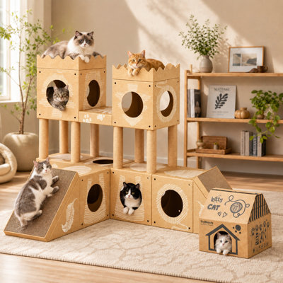 3-in-1 Modular DIY Multi-Level Cat Tree with Scratching Posts & Scratching Board Cardboard Cat Condo Pad Tunnel Cat House with Bridge Kraft Cat Tower for Kittens & Medium Cats, Holds Up to 33 Lbs