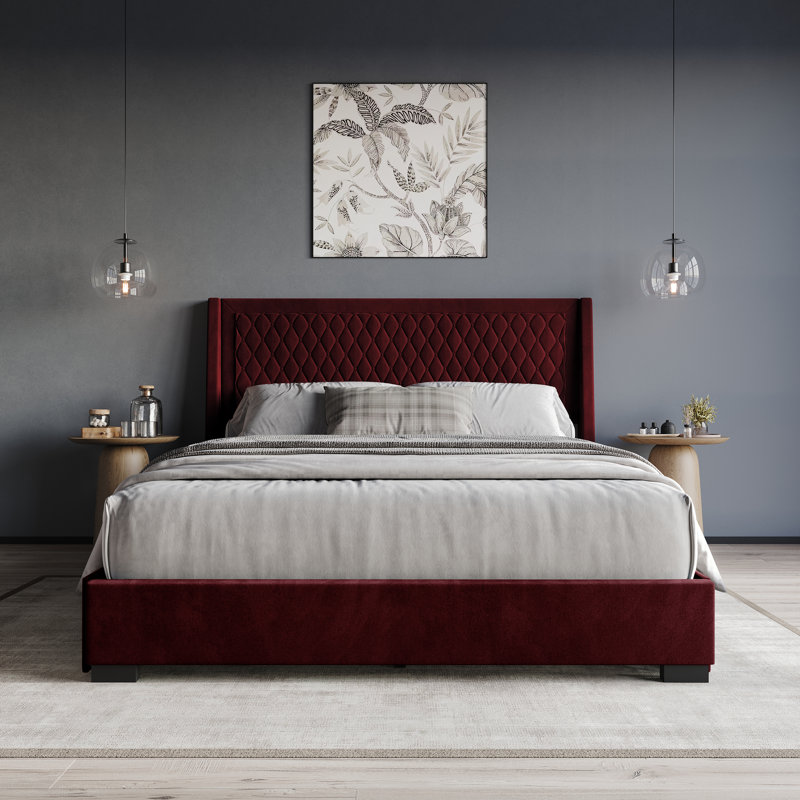 Full Platform Bed with Storage Grey Velvet, Red, Full
