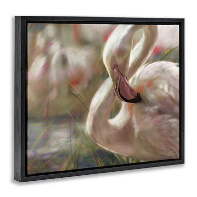 Cadre flottant Preening Flamingo Sunset, design par Mary Sparrow