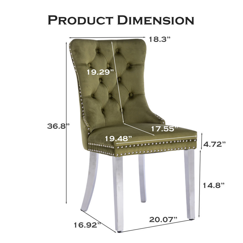 Chaise de salle à manger en velours avec anneau à dossier et pieds en bois massif, Argent argent, Vert olive, 2