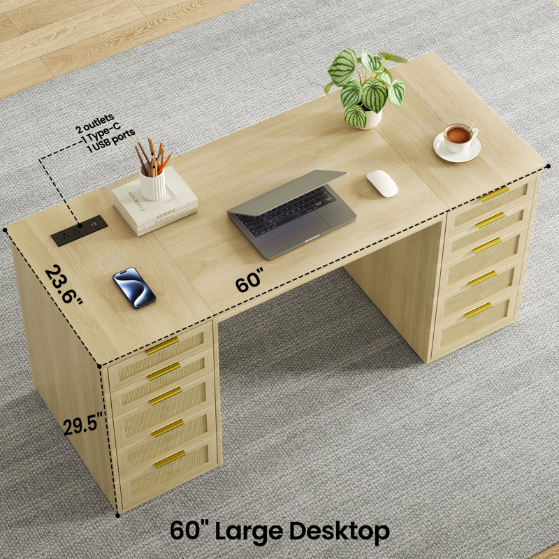60" Boho Farmhouse Home Office Desk with 10 Wooden Drawers, Rattan Computer Writing Desk with Power Outlets, Large Executive Desk with Storage Cabinet for Work Study Writing craft.