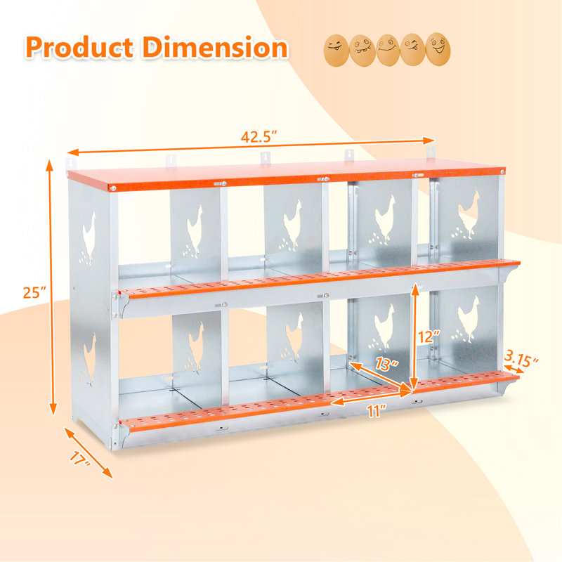8 nichoirs en métal à fixation murale orange pour canards en acier galvanisé aéré, 24.98" H x 41.84" W x 16.99" D