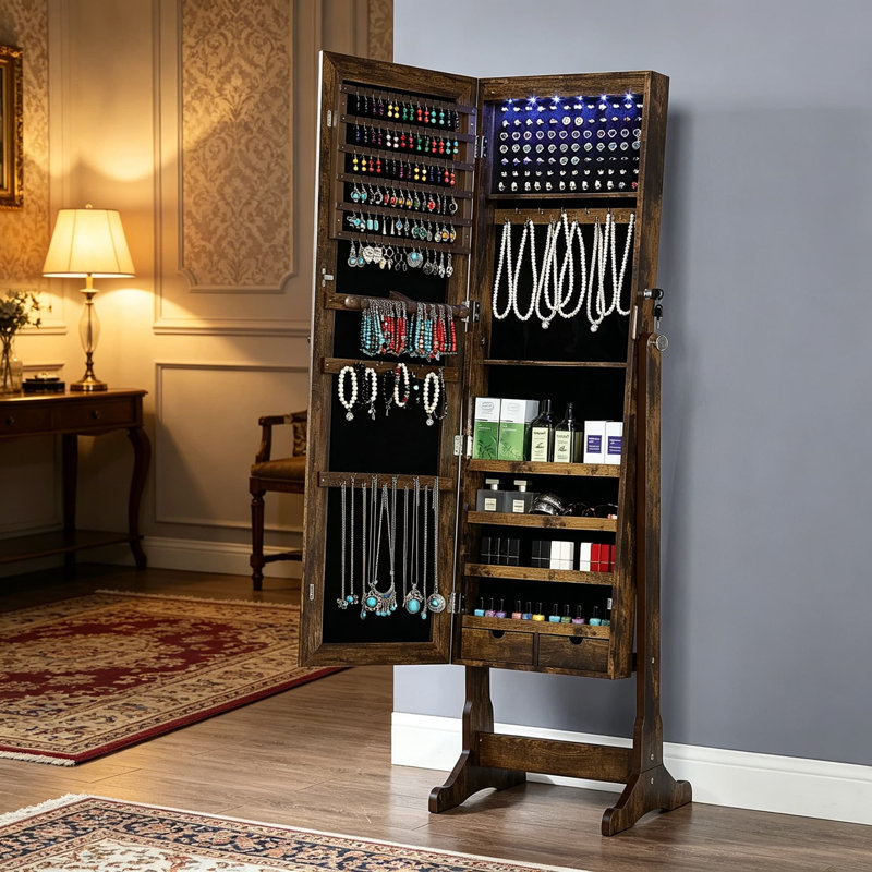Armoire à bijoux pleine grandeur à miroir, armoire à bijoux sur pied ou murale avec serrure et lumières DEL, grand rangement avec doublure en velours, brun rétro