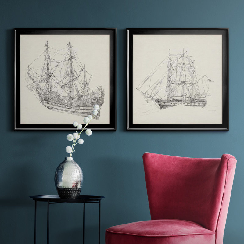 Croquis de bateau antique I Croquis de bateau antique I - ensemble de 2 reproductions de dessins encadrés, Pas de tapis