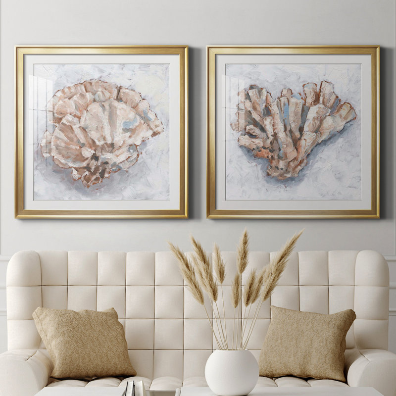 Coral Show III - ensemble de 2 peintures encadrées, Papier encadré doré, H 34,5 po x l 69 po x P 1,5 po, Blanc