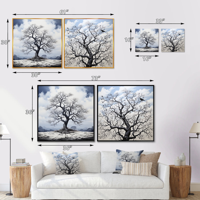 Arbre monochromatique contraste de solitude - ensemble de 2 collages carrés monochromes, Cadre noir, H 16 po x l 33 po