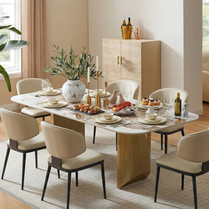 71'' Luxury Sintered Stone Top Dining Table, Modern Rectangular Kitchen Table for 6-8 People with Stainless Steel, Gold Base Dining Room Table for Living Room ( Table Only)