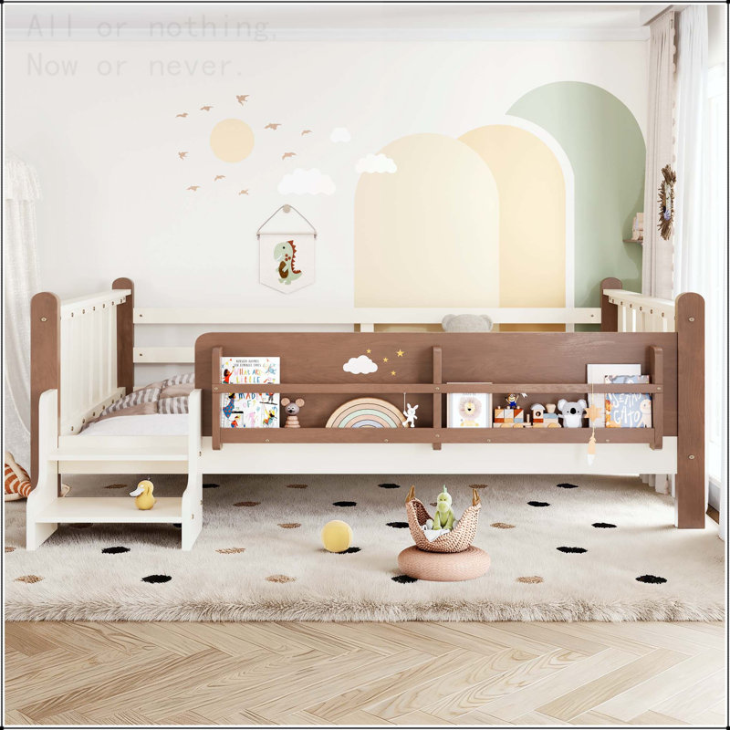 Lit double en bois massif avec bibliothèques et escaliers de rangement, Shelves, Beige/Natural, Full