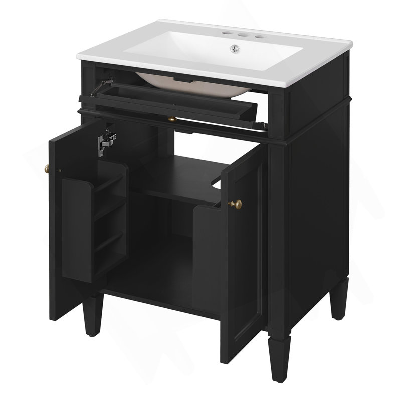 Meuble-lavabo 24 po avec 2 portes et tiroir escamotable, armoire de rangement de salle de bain avec lavabo, portes à fermeture en douceur avec organisateurs