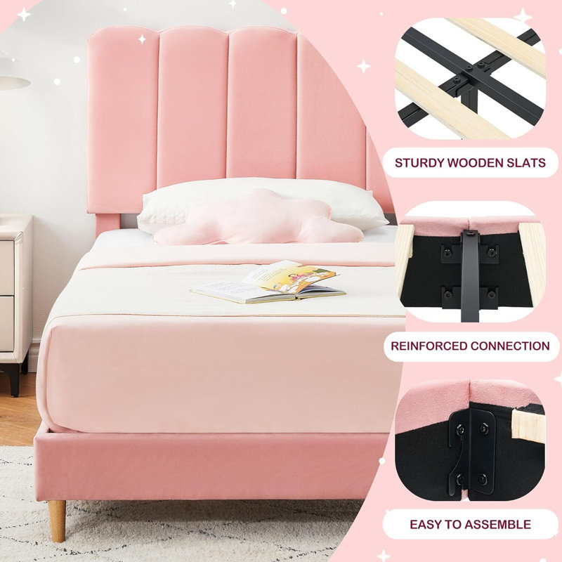 Twin Size Upholstered Platform Bed Frame Fo Children, Velvet Upholstered Platform Bed Frame With Headboard, With Headboard, Noise-Free